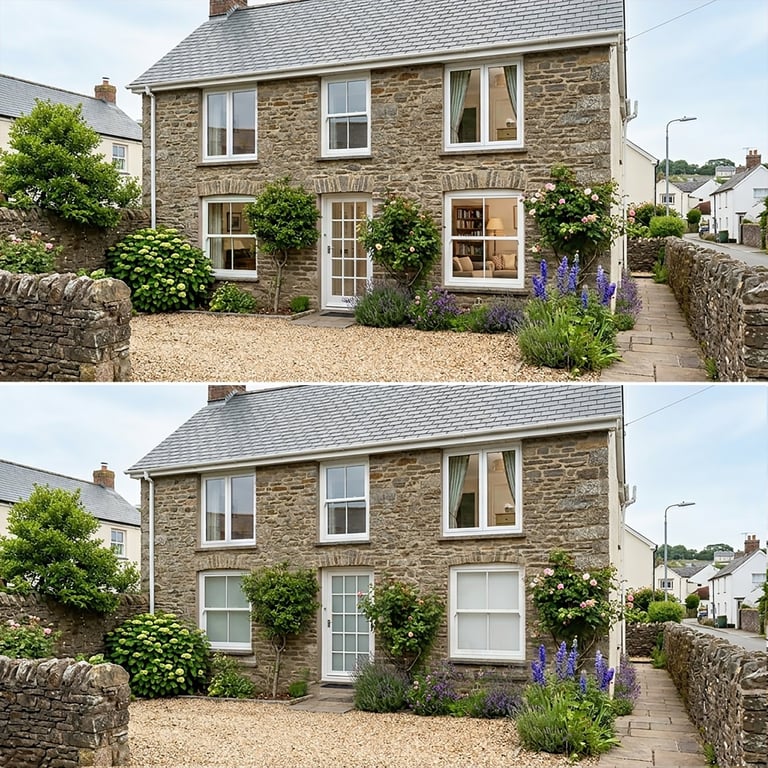 Before and after comparison of a stone cottage exterior showing updated window treatments and landscaping modifications