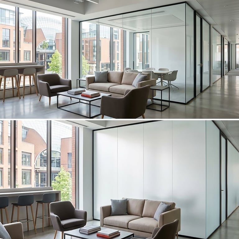 Before and after comparison of a modern living room with smart glass walls that switch from transparent to opaque for privacy control