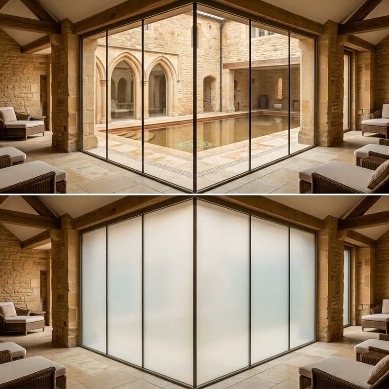 Split-screen comparison of smart glass partition in clear and frosted states, showing transition from transparent to opaque in modern architectural interior with stone walls and lounge seating.