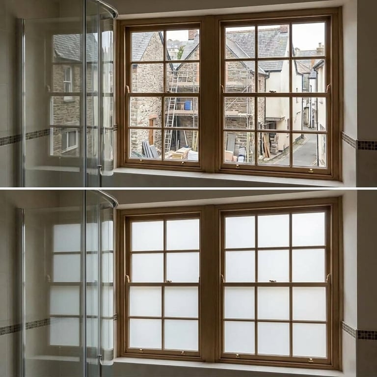 Before and after comparison of wooden windows showing a room with shelves and outdoor view above, and plain white frosted windows below