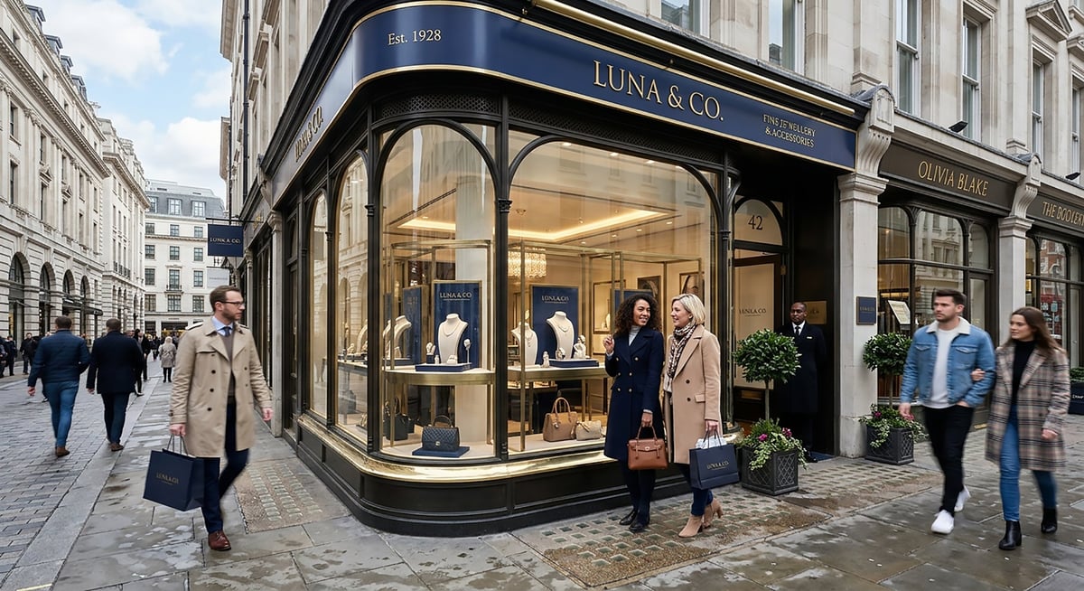Luna & Co luxury boutique storefront with black and gold facade on a Paris street, pedestrians walking past the shop windows