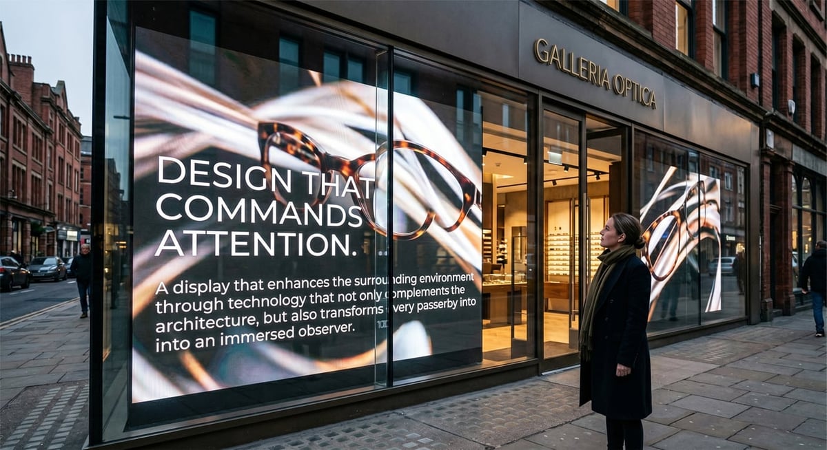Gallery storefront with large digital display showing design exhibition with text Design that commands attention and hands imagery