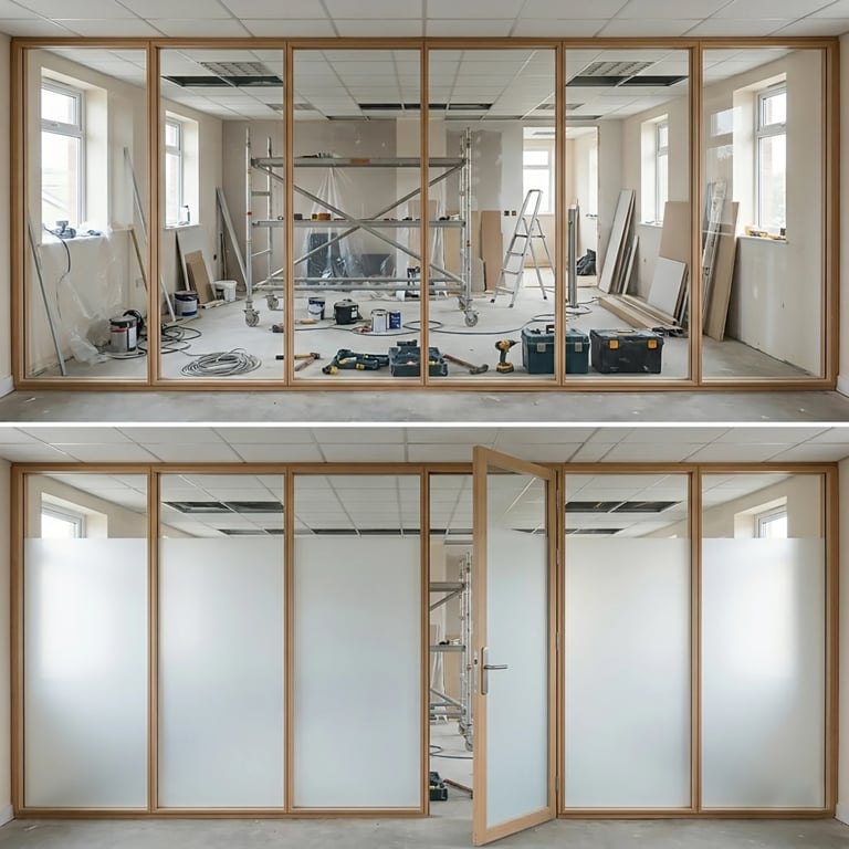 Two views of glass-paneled interior doors: top shows construction site with scaffolding, bottom shows frosted glass panels with one open door