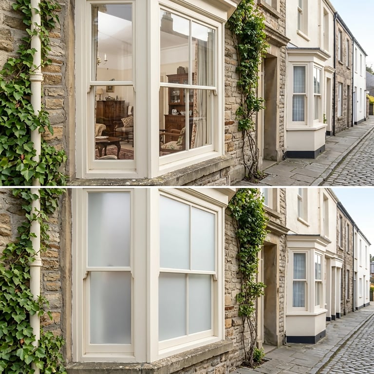 Before and after comparison of window privacy film installation on a stone building storefront with ivy