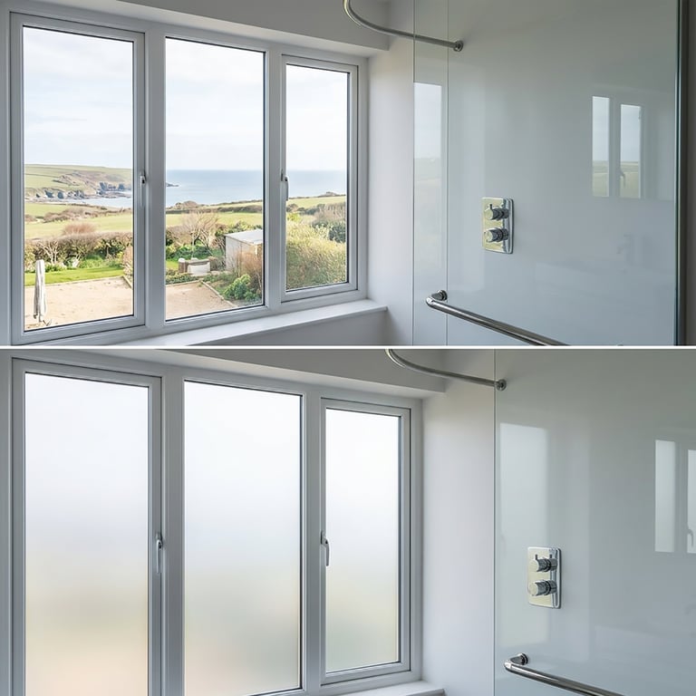 Comparison of large windows with clear and frosted glass treatments in a modern bathroom, showing coastal landscape view in top image
