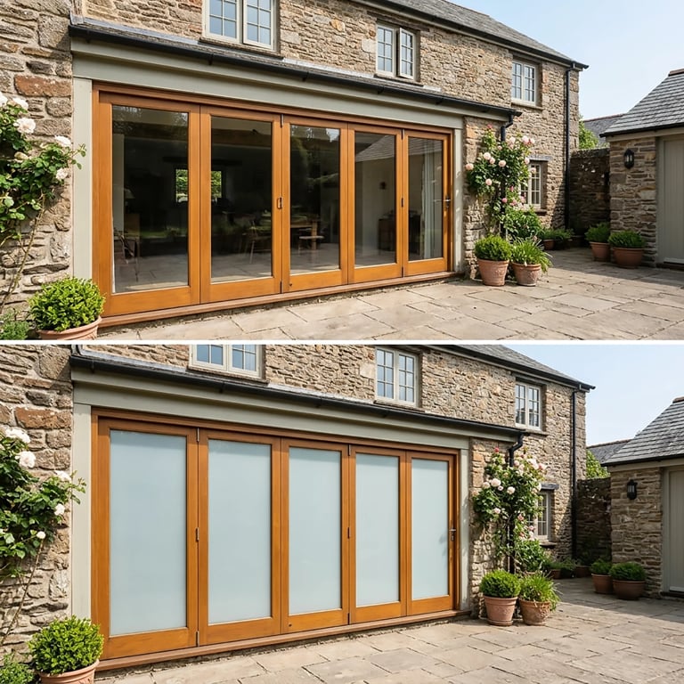 Before and after comparison of a stone house with wooden patio doors showing open and closed positions