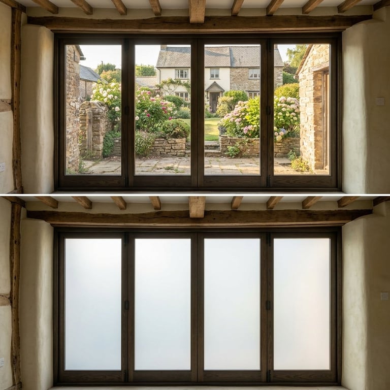 Split view of dark-framed four-pane windows: top shows exterior stone buildings and greenery, bottom shows frosted glass panes.