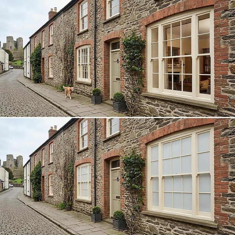 Before and after comparison of a stone cottage facade showing different window styles and sizes on a cobblestone street