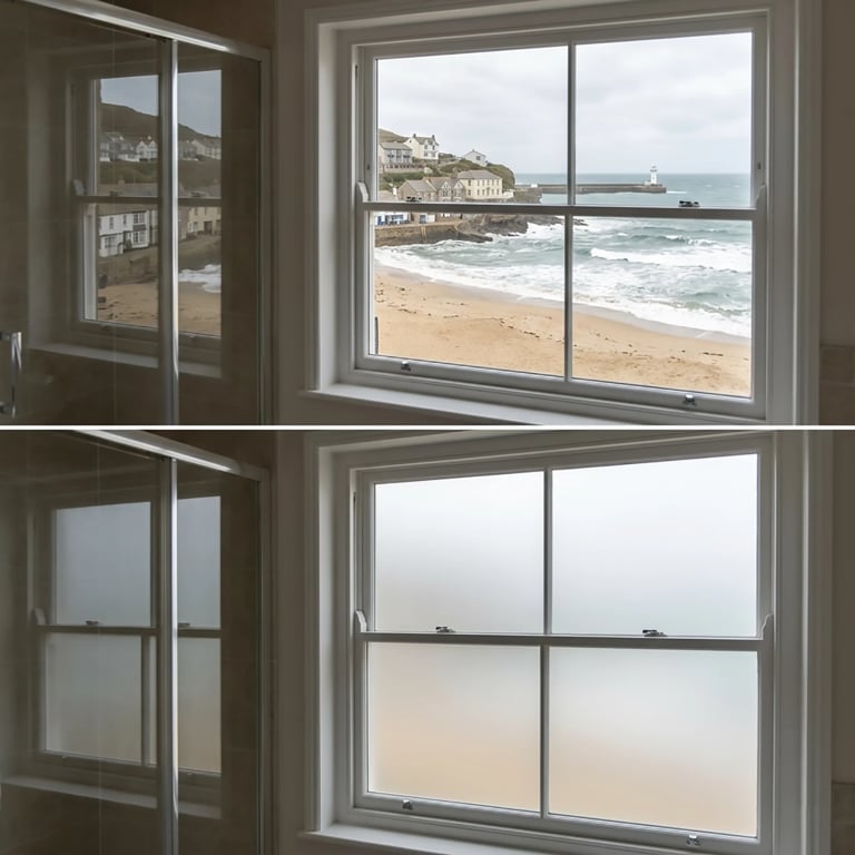 Top: Coastal beach view through windows with waves and houses. Bottom: Same windows with frosted privacy glass covering the view.