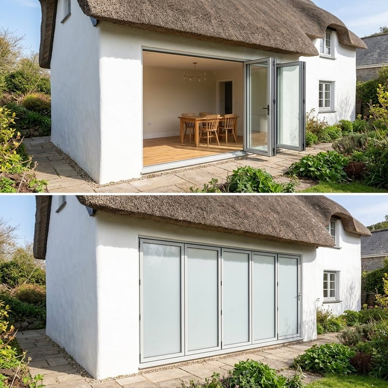 Before and after comparison of a white cottage extension with thatched roof, showing open glass doors in top image and closed white bi-fold doors in bottom image