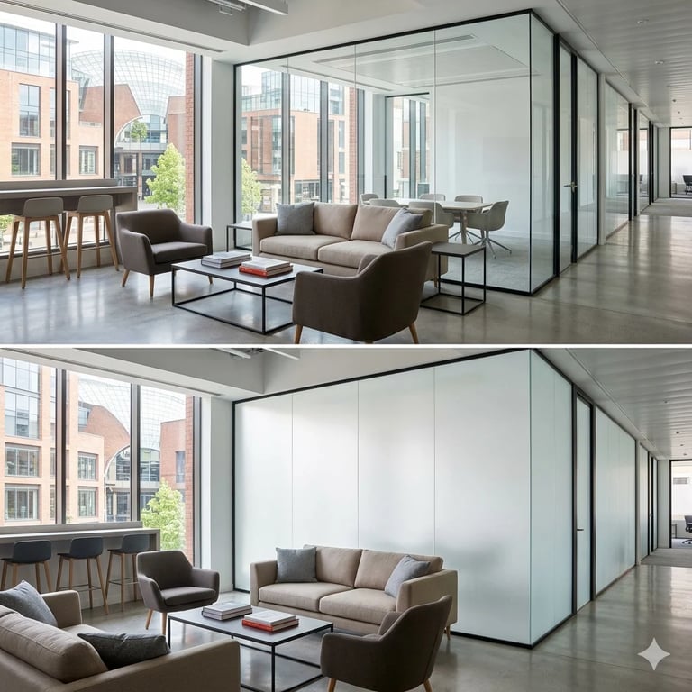 Modern office lounge with glass partitions showing clear and frosted glass options, featuring beige seating and floor-to-ceiling windows overlooking urban buildings