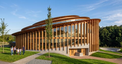 Modern wooden pavilion with curved architecture