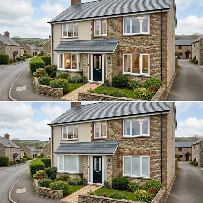 Before and after comparison of a two-story stone house renovation showing exterior updates to windows, facade, and landscaping