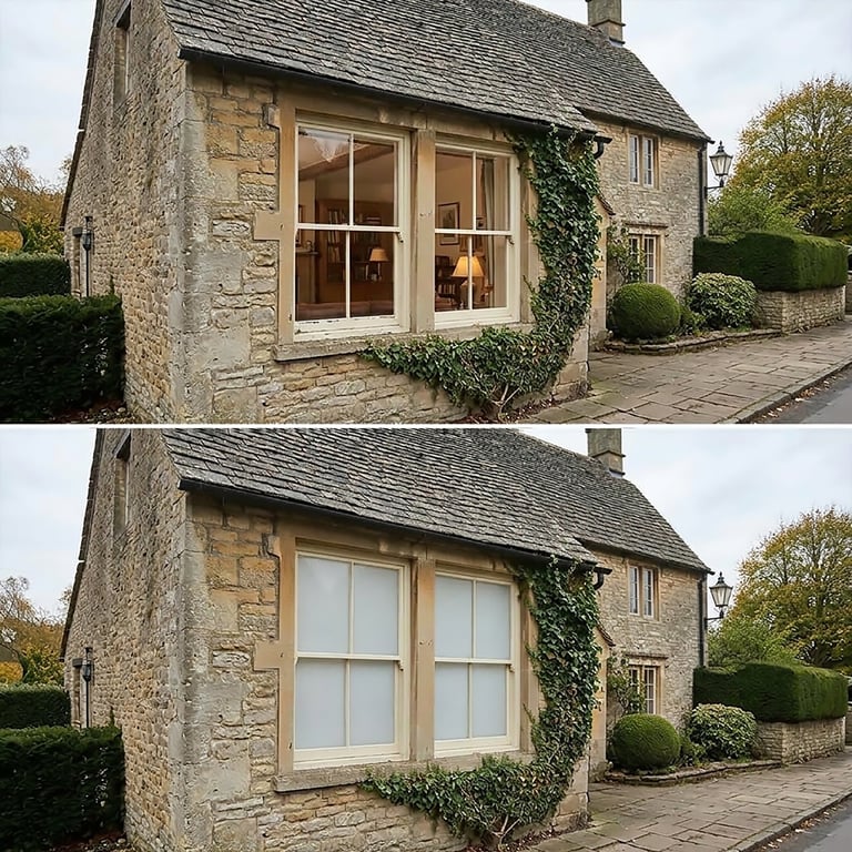 Before and after comparison of stone cottage windows: top shows large wooden-framed double doors, bottom shows traditional white-framed windows