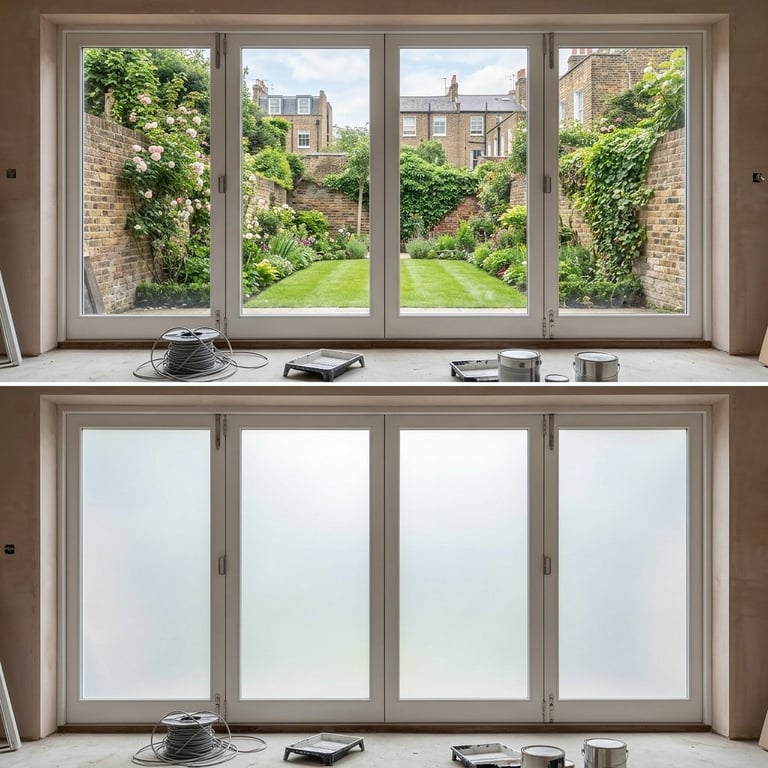 Bi-fold glass doors with view of garden, showing clear and frosted panel options in taupe frames