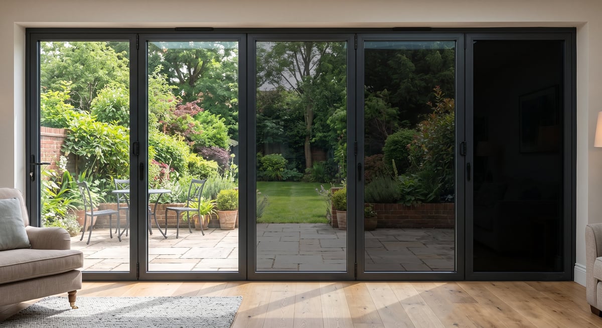 Modern black framed patio doors opening onto a garden patio with green lawn and trees in background