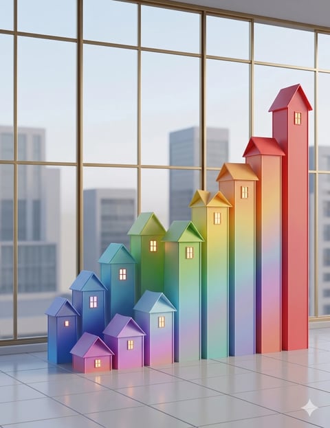 Colorful gradient house-shaped buildings with city skyline view