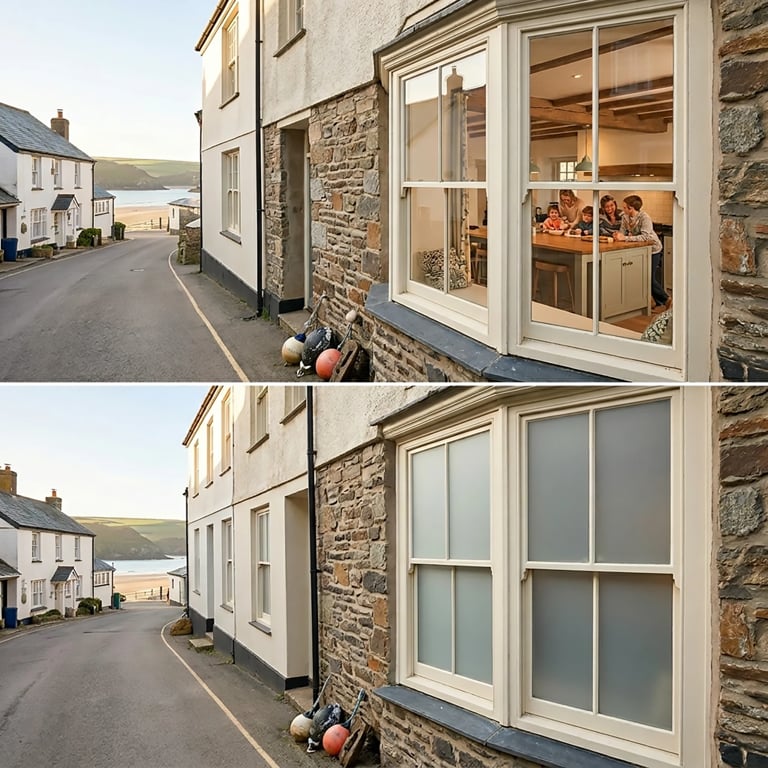 Before and after comparison of a stone cottage exterior with large windows, showing interior lighting and view changes