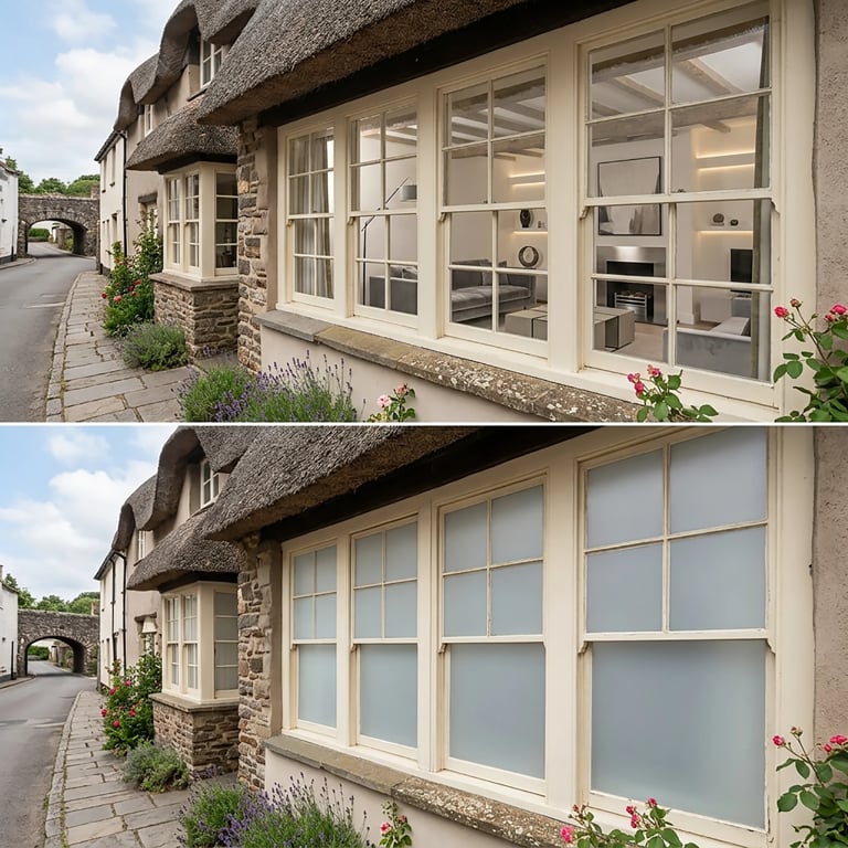 Before and after comparison of cottage windows upgraded from traditional multi-pane to modern frosted glass design