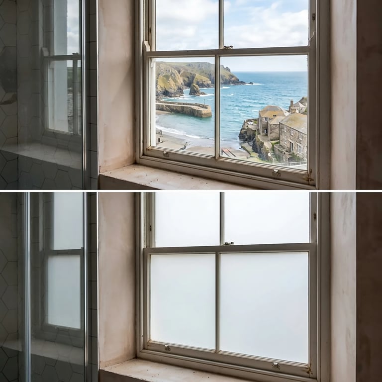 Before and after comparison of window with coastal view and frosted glass privacy version
