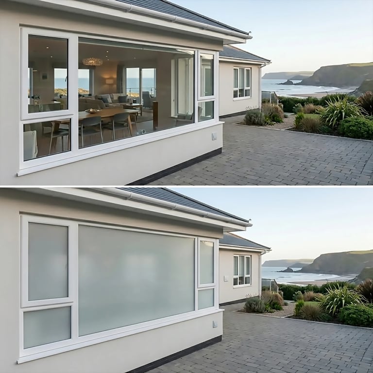 Modern white coastal home with retractable glass walls open and closed, showing ocean and cliff views from patio deck