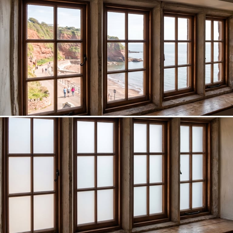 Comparison of coastal beach view through multi-pane wooden windows in two interior room settings