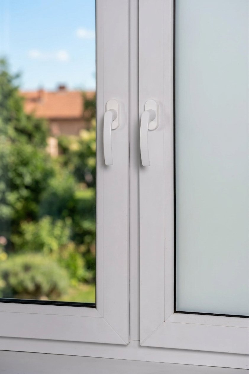 Close-up of white double-pane window with handles, garden and trees visible through glass
