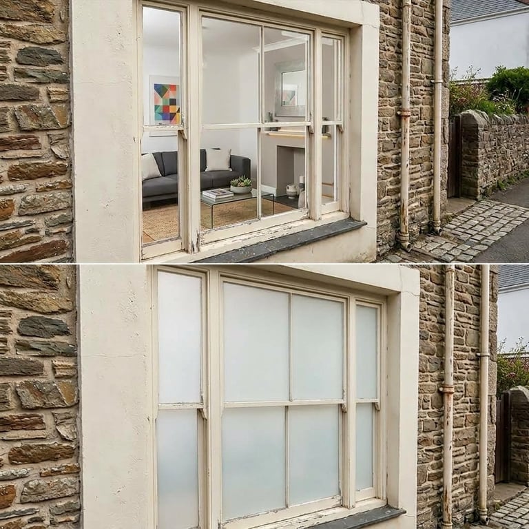 Before and after comparison of a stone cottage exterior showing open patio doors with interior view, then frosted glass panel upgrade.
