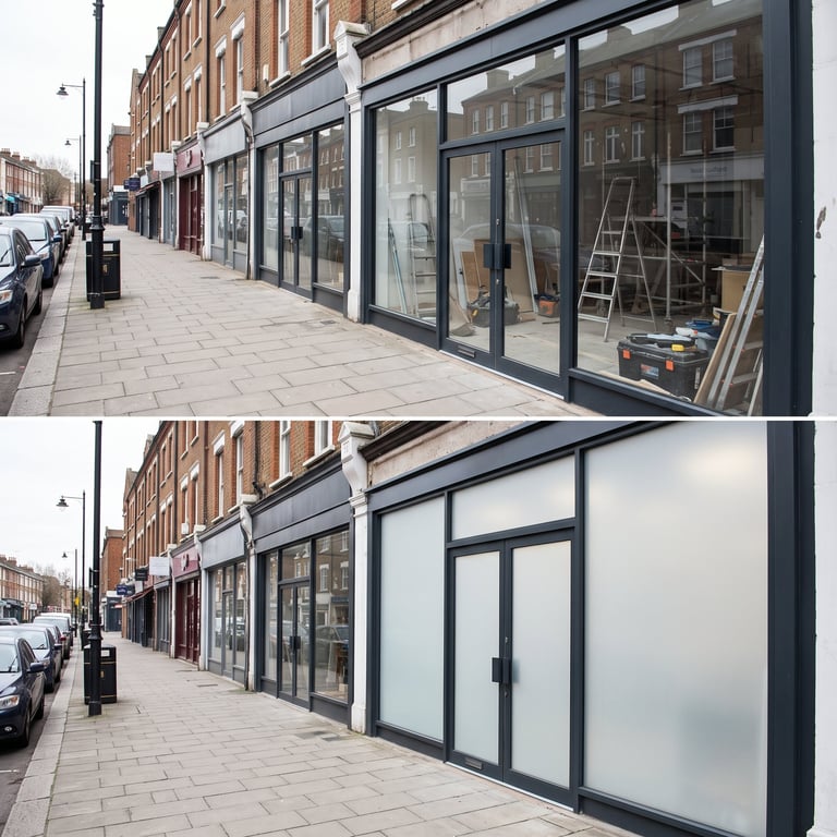 Before and after comparison of a vacant storefront with large windows showing renovation from construction-filled to prepared blank display space on an urban street
