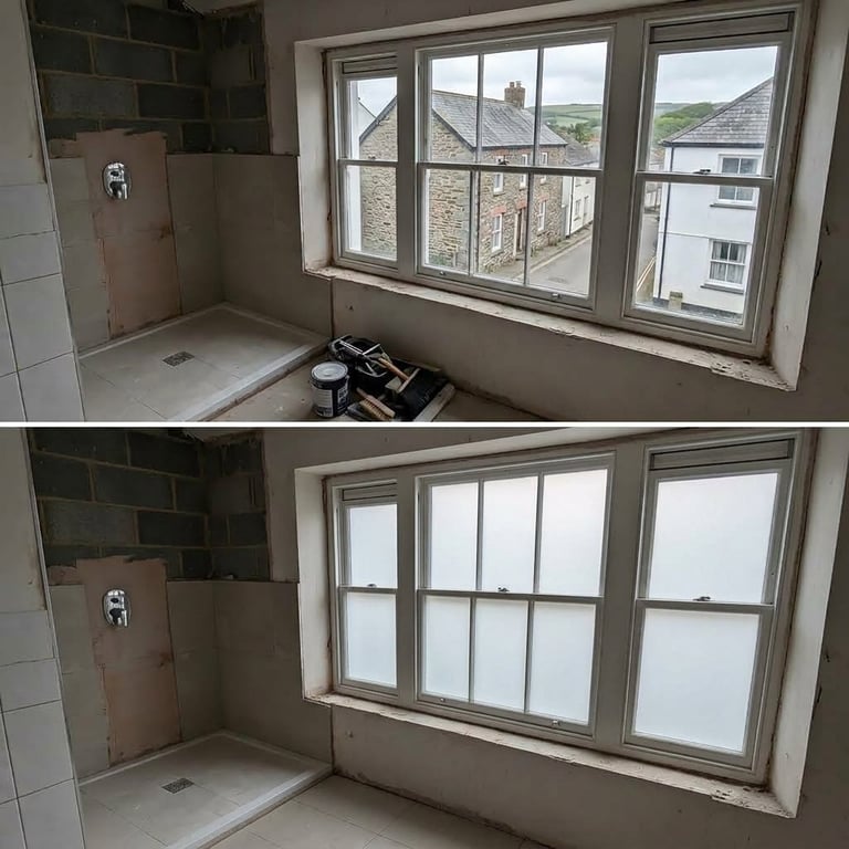 Before and after comparison of a bathroom renovation showing removal of items from windowsill and under window area