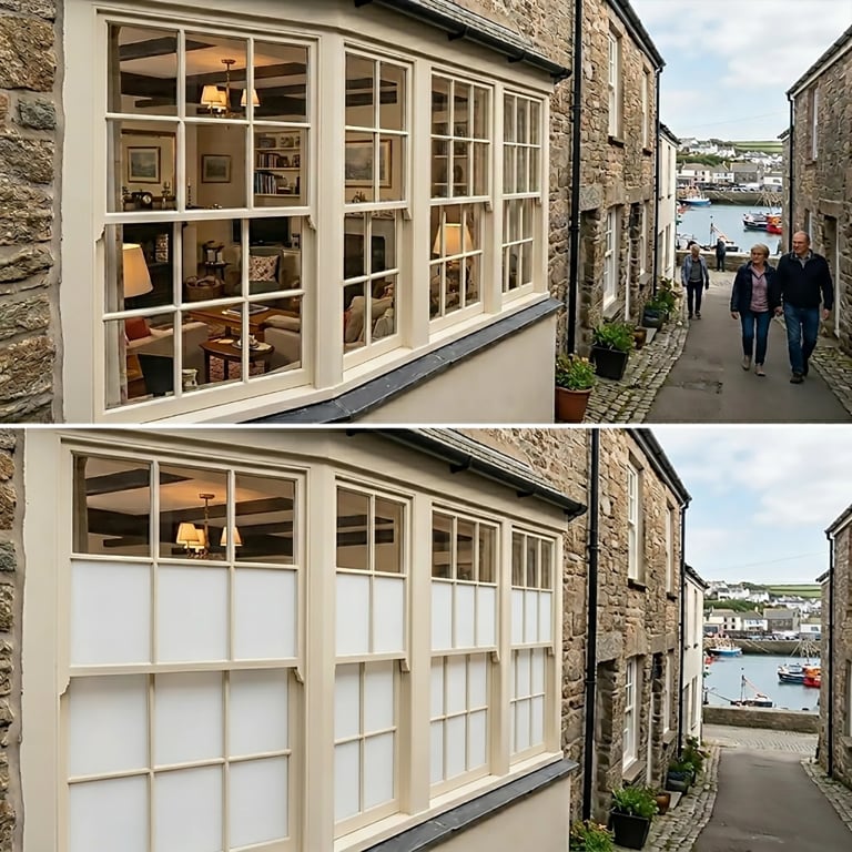 Before and after comparison of a stone cottage storefront with cream-colored windows, showing interior display shelving and exterior harbor view.