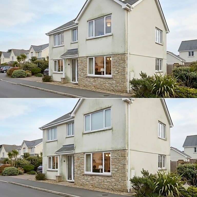 Before and after comparison of a two-story modern house with cream walls, stone base, and updated entrance featuring new windows and door.