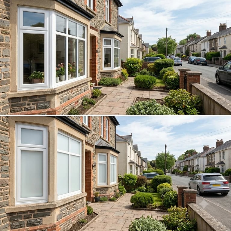 Before and after comparison of house exterior showing window replacement from older to modern white frames