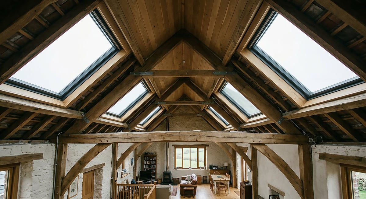 Interior of a rustic barn conversion with exposed wooden beams, white walls, skylights, and open plan living space