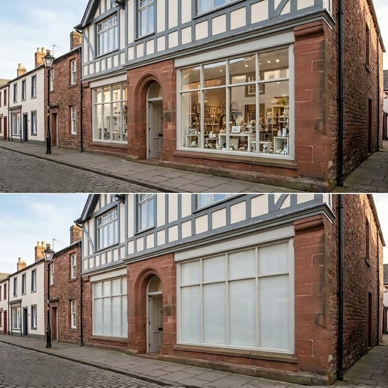 Before and after comparison of a historic brick storefront with half-timbered upper floor showing shop display window transformation