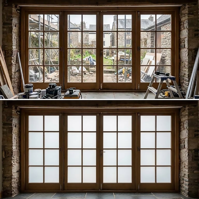 Before and after comparison of a large multi-paned wooden window installation with urban street view above and frosted glass below