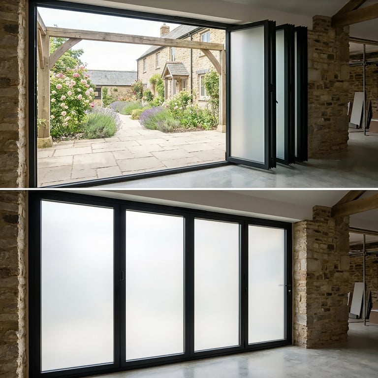 Before and after comparison of black framed bifold doors showing open view of courtyard garden and closed frosted glass panels