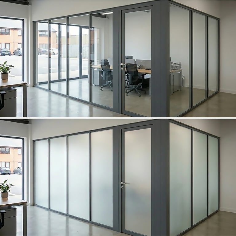 Modern office glass partition with gray aluminum frame in transparent and frosted configurations showing interior workspace