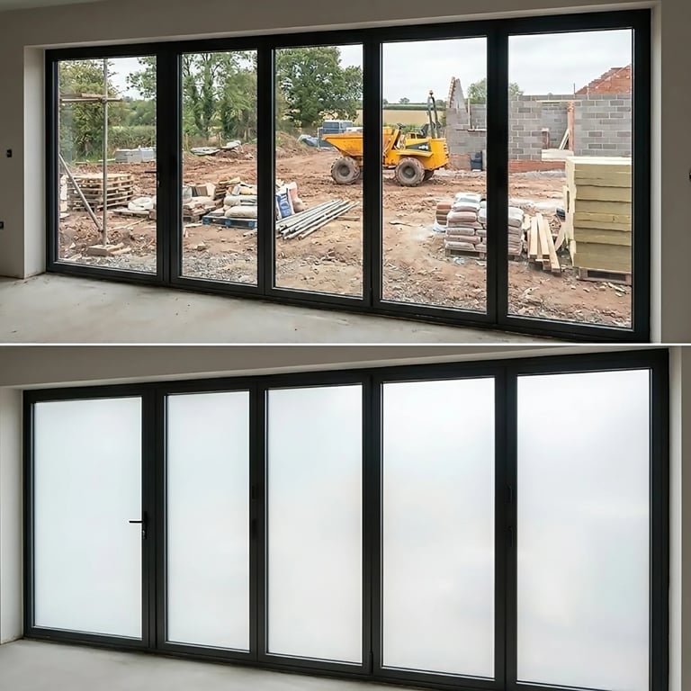 Before and after view of large black-framed sliding glass doors, top showing construction site, bottom showing frosted glass