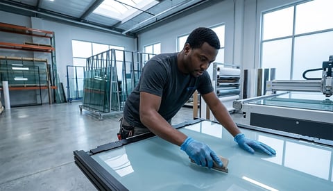 Man in blue gloves cleaning and polishing a glass panel in a bright industrial workshop with glass sheets and machinery visible in the background