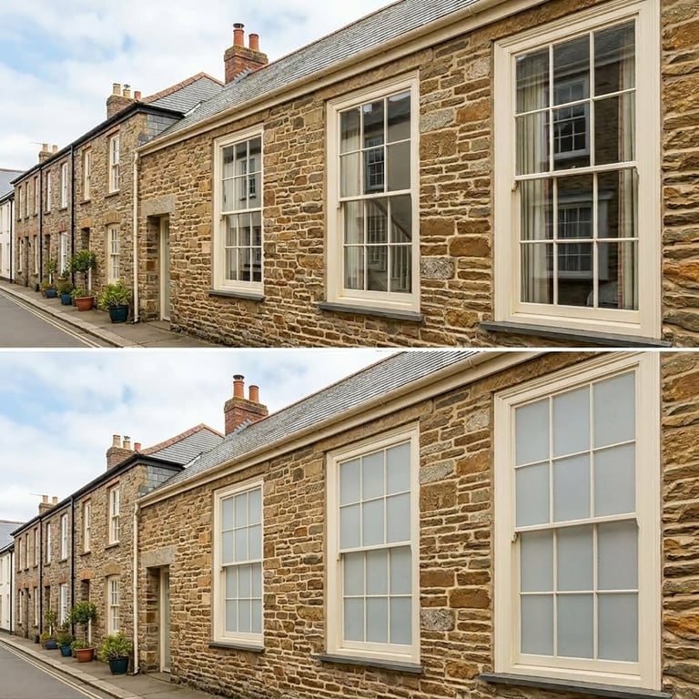 Before and after comparison of traditional stone cottages showing window replacement and renovation improvements