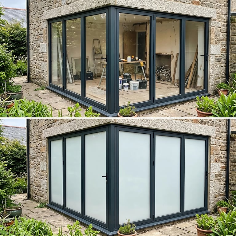 Before and after comparison of a corner glass extension with black frames attached to a stone building, showing clear glass in top image and frosted glass in bottom image