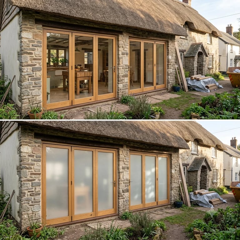 Before and after comparison of wooden patio doors on a thatched stone cottage, showing clear glass panels and frosted glass options