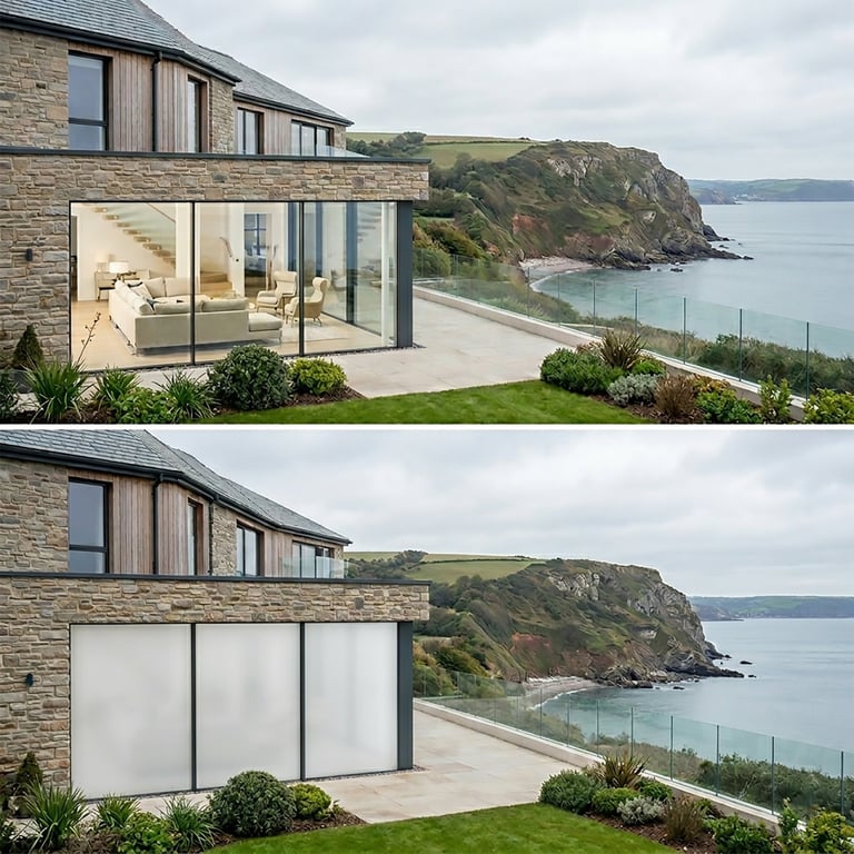Modern stone house with large windows overlooking a dramatic coastal cliff and turquoise ocean bay, shown with glass and closed shade configurations