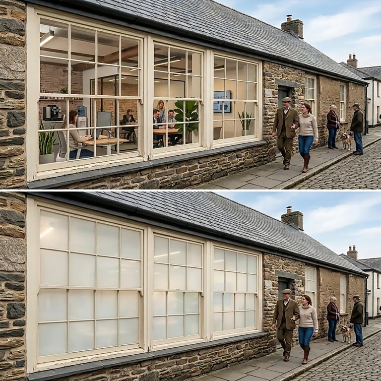 Before and after comparison of a stone building storefront with large windows replaced by closed white garage-style doors, with pedestrians on a cobblestone street