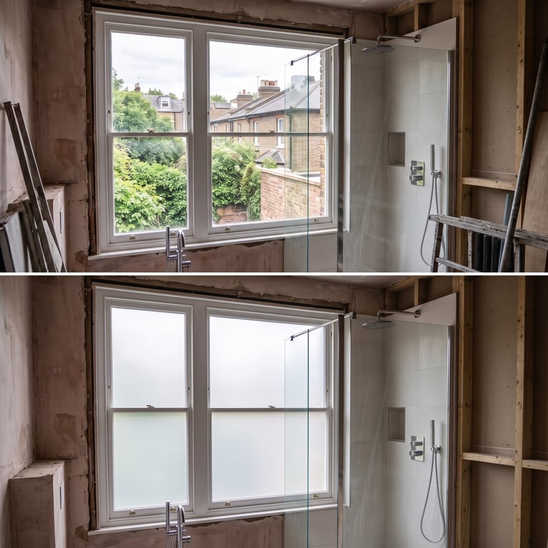 Before and after comparison of bathroom window with external view, then frosted privacy glass installed