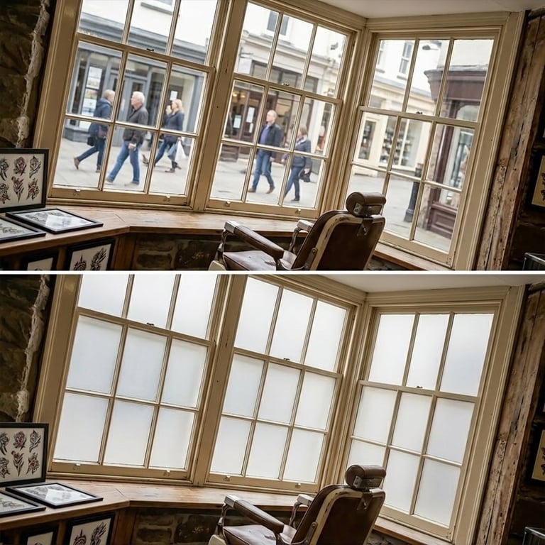 Before and after comparison of a window with frosted glass, showing street view above and clear view below from an interior office space.