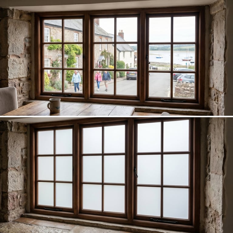 Before and after comparison of a bay window with exterior views above and frosted glass below