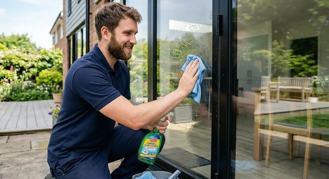 Man in navy shirt cleaning large glass door or window with spray cleaner and blue cloth on patio