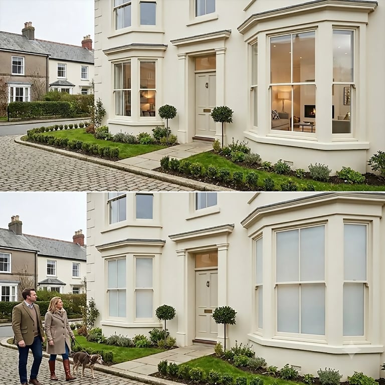 Before and after comparison of a cream-colored residential home with curved bay windows, manicured landscaping, and stone driveway, showing the addition of two people standing in the garden area.